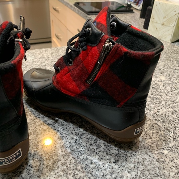 Sperry Salt Water Duck Boots - Red and Black Buffalo Print with Leather Laces - Picture 4 of 5